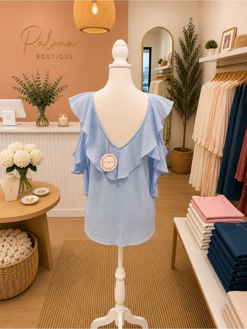 Umgee Baby Blue Cold Shoulder Ruffle Blouse NWT Small Romantic - Picture 2 of 2